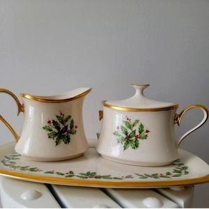 Lenox Holiday Cream, Sugar And Platter Hand painted 24 Gold details